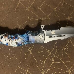 Blue and Black Folding Knife with Eagle Design